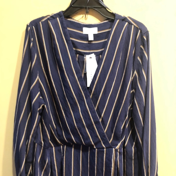 Topshop Tops - TopShop Navy CrissCross 14 V Neck Striped LS NWT